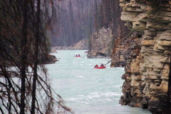 Red inflatable rafts navigate through a narrow river canyon with rocky cliffs and turbulent water.